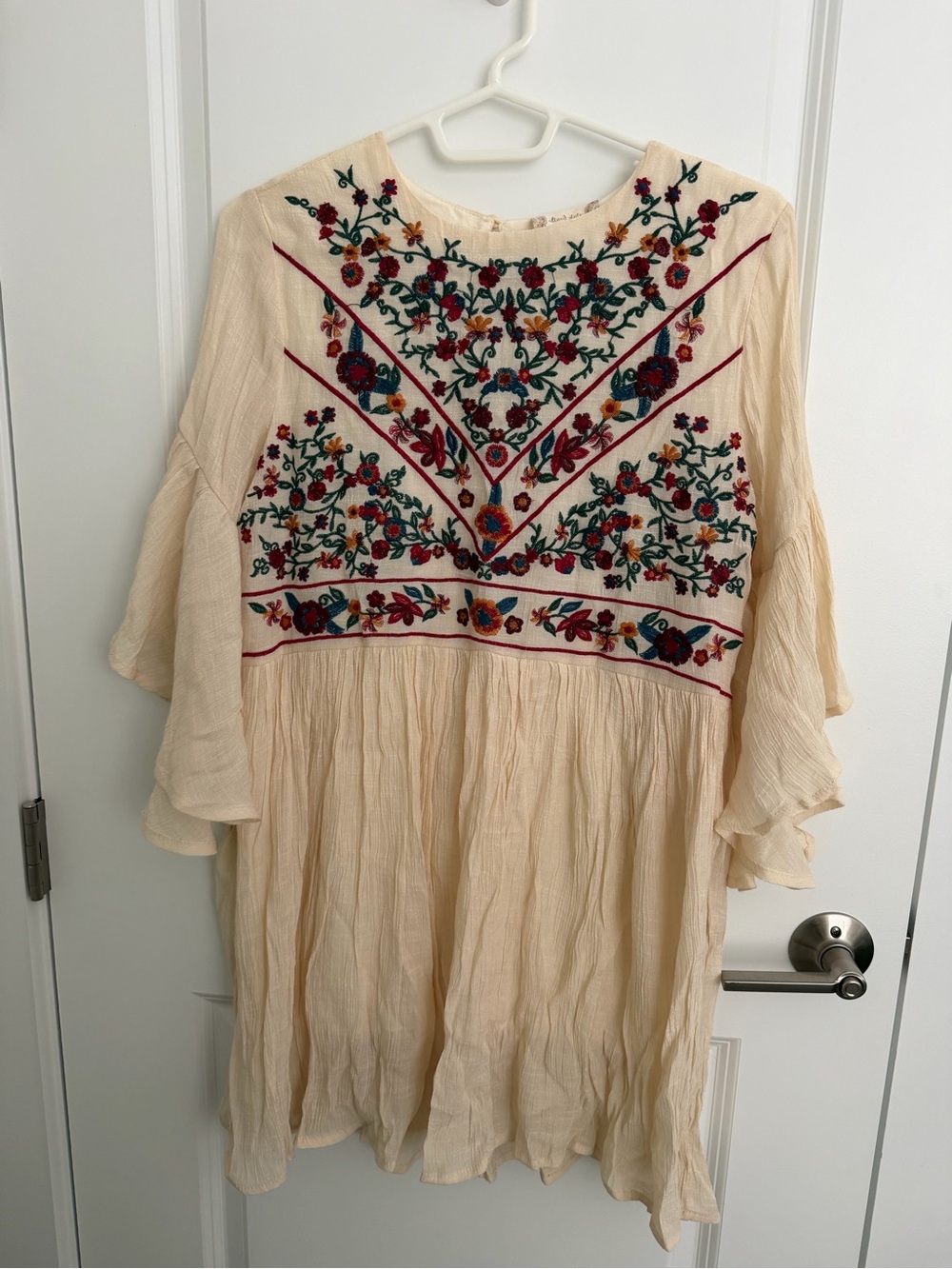 Altar'd State Cream Embroidered Boho Dress with Multicolor Floral Stitching